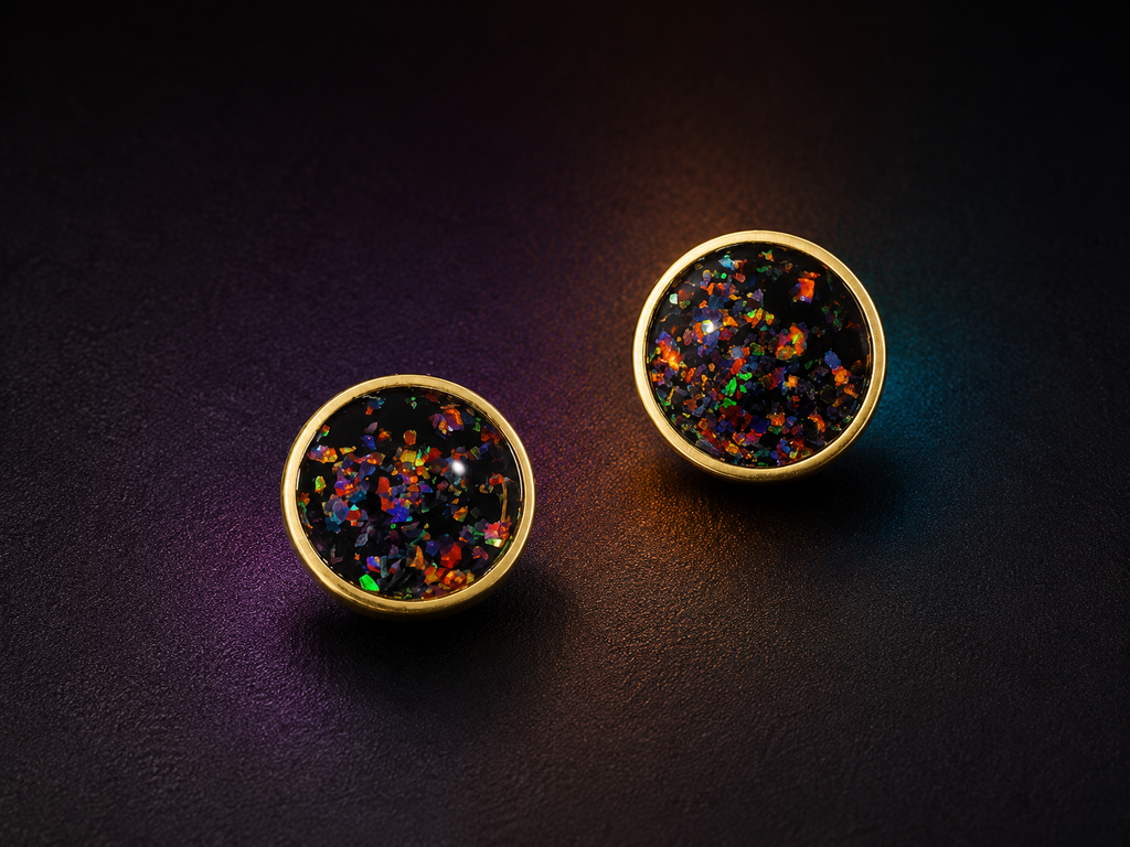 A pair of round gold-tone stud earrings with black resin tops filled with multi-coloured iridescent glitter, displayed on a dark textured background.